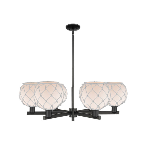 Innovations Farmhouse Rope 38in 6-Light Chandelier | Industrial Matte Black Steel and White Frosted Glass Rope Shade | Dining | Model 716-6CR-BK-G121-8RW