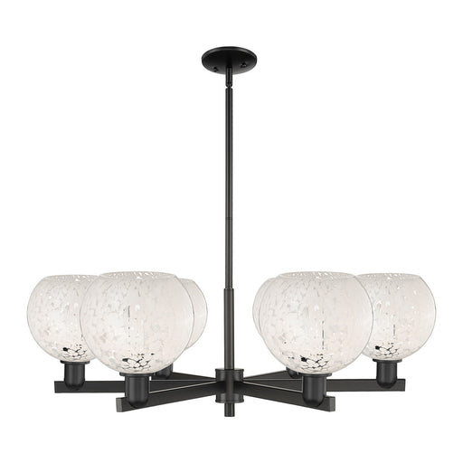 Innovations White Mouchette 38in 6-Light Chandelier | Industrial Matte Black Steel and White Mouchette Glass | Dining Room & | Model 716-6CR-BK-G1216-8WM
