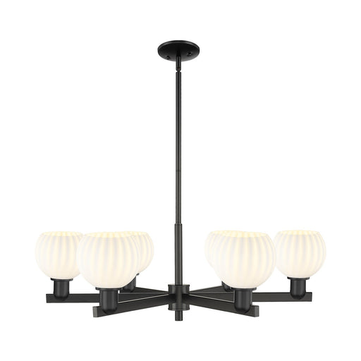 Innovations Lighting Arcadia 36in 6-Light Chandelier | Industrial Matte Black Steel and White Venetian Glass | Dining Room & | Model 716-6CR-BK-G1217-6WV