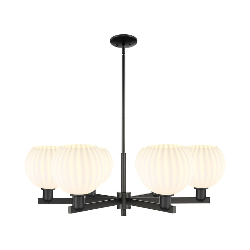 Innovations Lighting Arcadia 38in 6-Light Chandelier | Industrial Matte Black Steel and White Venetian Glass | Dining Room & | Model 716-6CR-BK-G1217-8WV