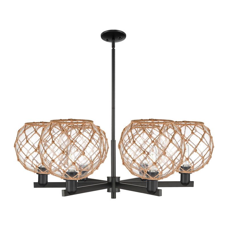 Innovations Farmhouse Rope 40in 6-Light Chandelier | Industrial Matte Black Steel and Clear Glass with Brown Rope | Dining | Model 716-6CR-BK-G122-10RB