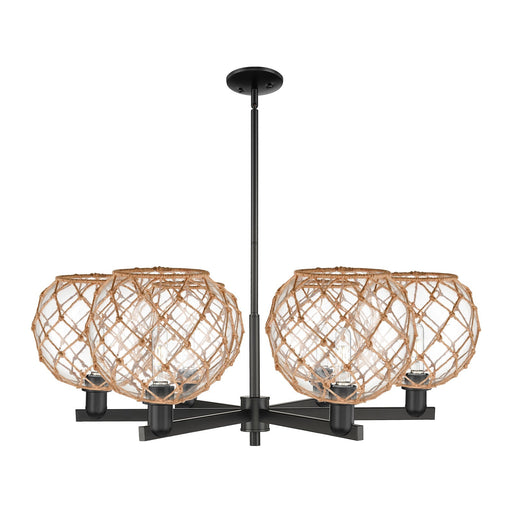 Innovations Farmhouse Rope 40in 6-Light Chandelier | Industrial Matte Black Steel and Clear Glass with Brown Rope | Dining | Model 716-6CR-BK-G122-10RB