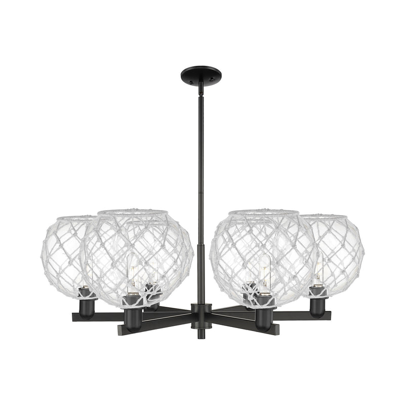 Innovations Farmhouse Rope 40in 6-Light Chandelier | Industrial Matte Black Steel and Clear Glass with White Rope | Dining | Model 716-6CR-BK-G122-10RW