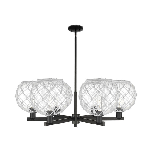 Innovations Farmhouse Rope 40in 6-Light Chandelier | Industrial Matte Black Steel and Clear Glass with White Rope | Dining | Model 716-6CR-BK-G122-10RW