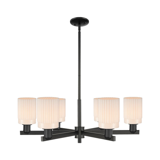 Innovations Hadley 34in 6-Light Chandelier | Industrial Matte Black Steel and Matte White Ribbed Glass | Dining Room & Living Room | Model 716-6CR-BK-G341