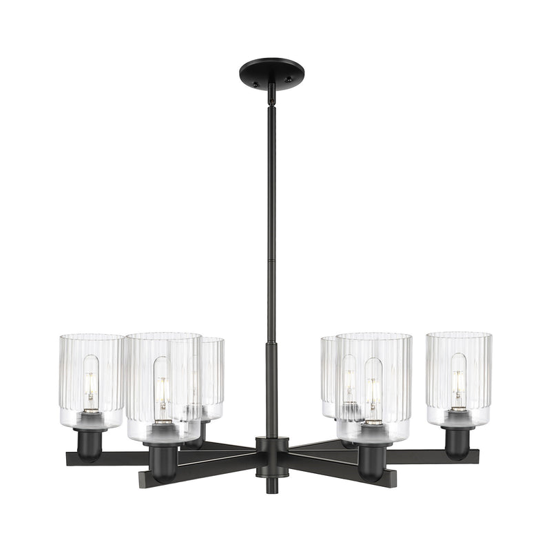 Innovations Hadley 34in 6-Light Chandelier | Industrial Matte Black Steel and Clear Ribbed Glass | Dining Room & Living Room | Model 716-6CR-BK-G342