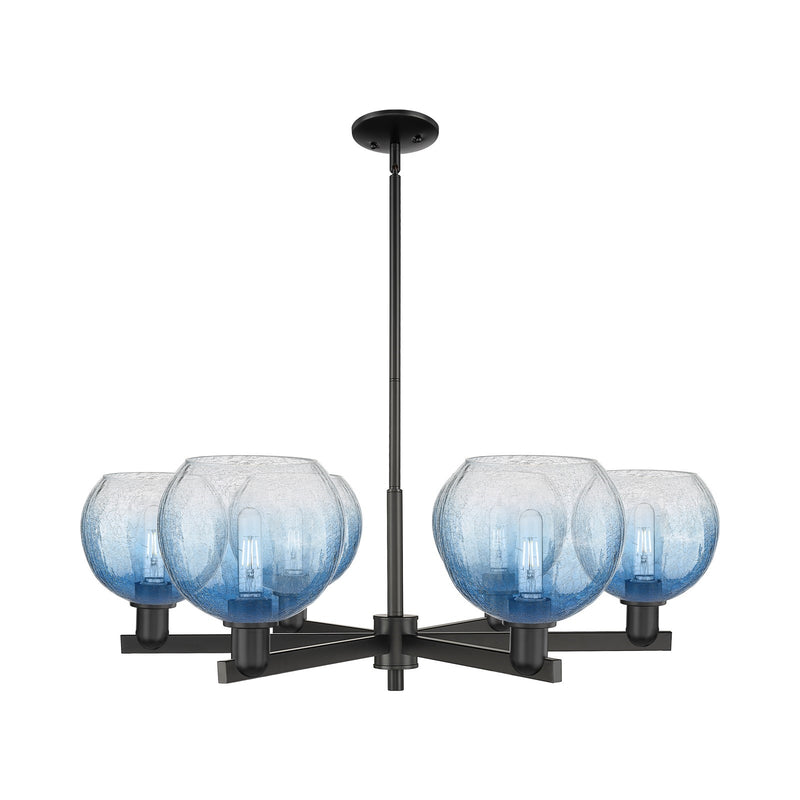 Innovations Brookhaven Globe 38in 6-Light Chandelier | Industrial Matte Black Steel and Sapphire Blue Glass | Dining Room & | Model 716-6CR-BK-G483-8SB