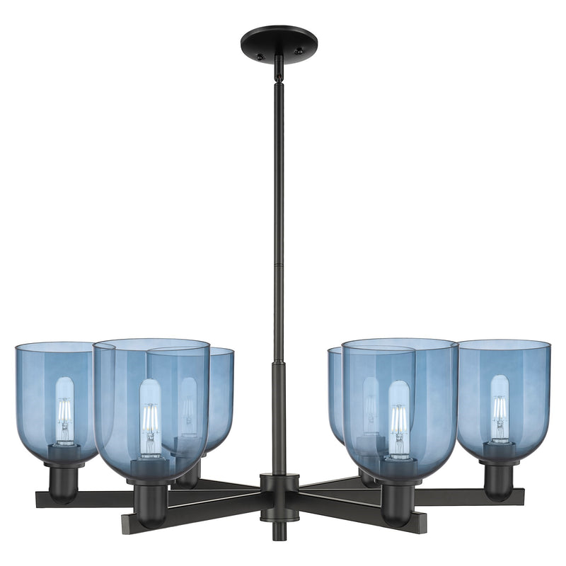 Innovations Bella 35in 6-Light Chandelier | Industrial Matte Black Steel and Blue Glass | Dining Room & Living Room | Model 716-6CR-BK-G558-6BL