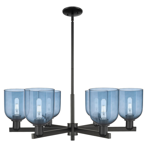 Innovations Bella 35in 6-Light Chandelier | Industrial Matte Black Steel and Blue Glass | Dining Room & Living Room | Model 716-6CR-BK-G558-6BL