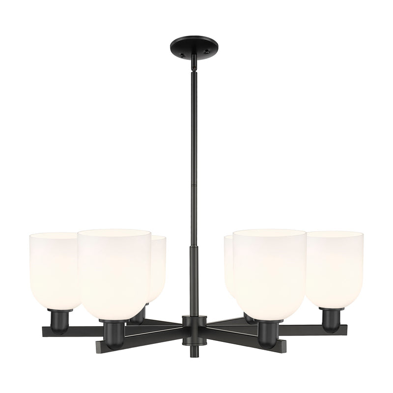 Innovations Bella 35in 6-Light Chandelier | Industrial Matte Black and White Glass | Kitchen Island & Dining Room | Model 716-6CR-BK-G558-6GWH