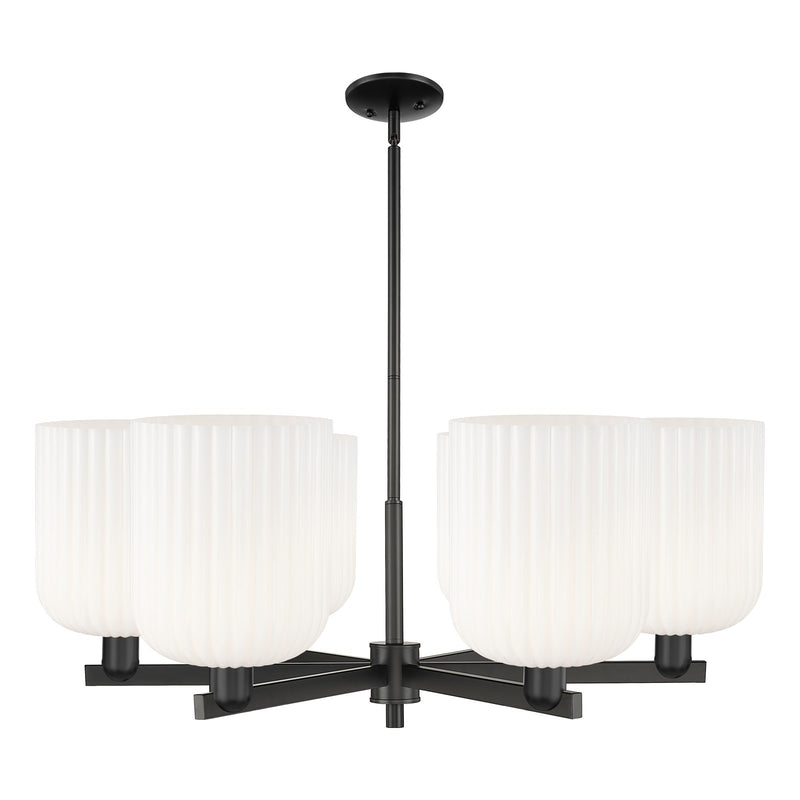 Innovations Bridal Veil 38in 6-Light Chandelier | Industrial Matte Black Steel and Gloss White Glass | Kitchen Island & | Model 716-6CR-BK-G559-8GWH