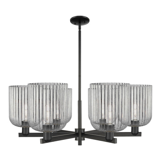 Innovations Bridal Veil 38in 6-Light Chandelier | Industrial Matte Black Steel and Light Smoke Ribbed Glass | Damp Rated | Model 716-6CR-BK-G559-8SM