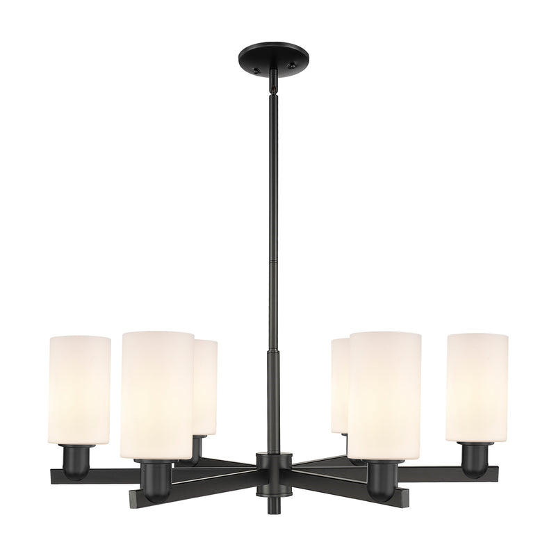 Innovations Clymer 34in 6-Light Chandelier | Industrial Matte Black Steel and Matte White Glass | Kitchen Island & Dining Room | Model 716-6CR-BK-G801