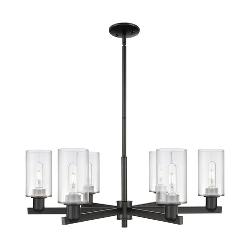 Innovations Clymer 34in 6-Light Chandelier | Industrial Matte Black Steel and Clear Glass | Dining Room & Living Room | Model 716-6CR-BK-G802