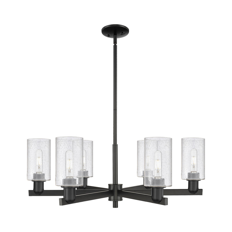 Innovations Clymer 34in 6-Light Chandelier | Industrial Matte Black Steel and Seedy Glass | Dining Room & Living Room | Model 716-6CR-BK-G804