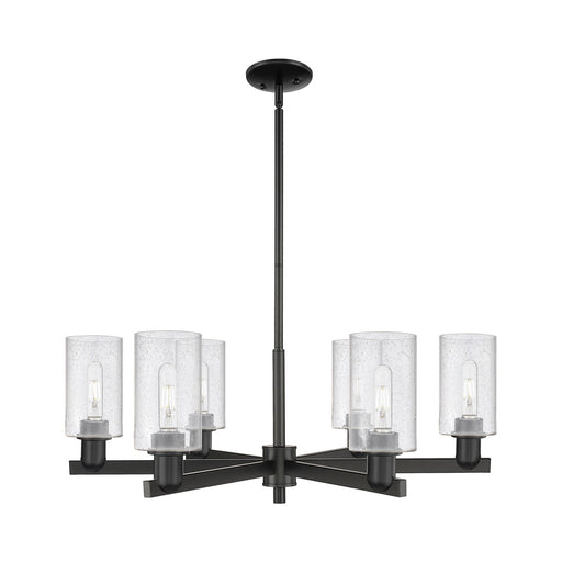 Innovations Clymer 34in 6-Light Chandelier | Industrial Matte Black Steel and Seedy Glass | Dining Room & Living Room | Model 716-6CR-BK-G804