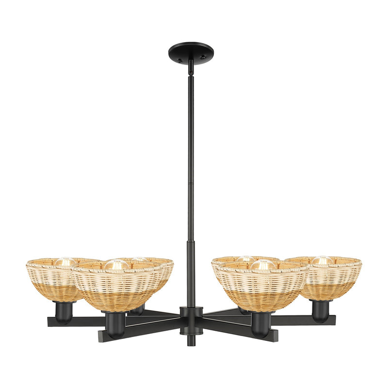 Innovations Natural Ballston Dome 37in 6-Light Chandelier | Farmhouse Matte Black Steel and Natural Fiber Dome Shades | Model 716-6CR-BK-NBD2-75-NAT