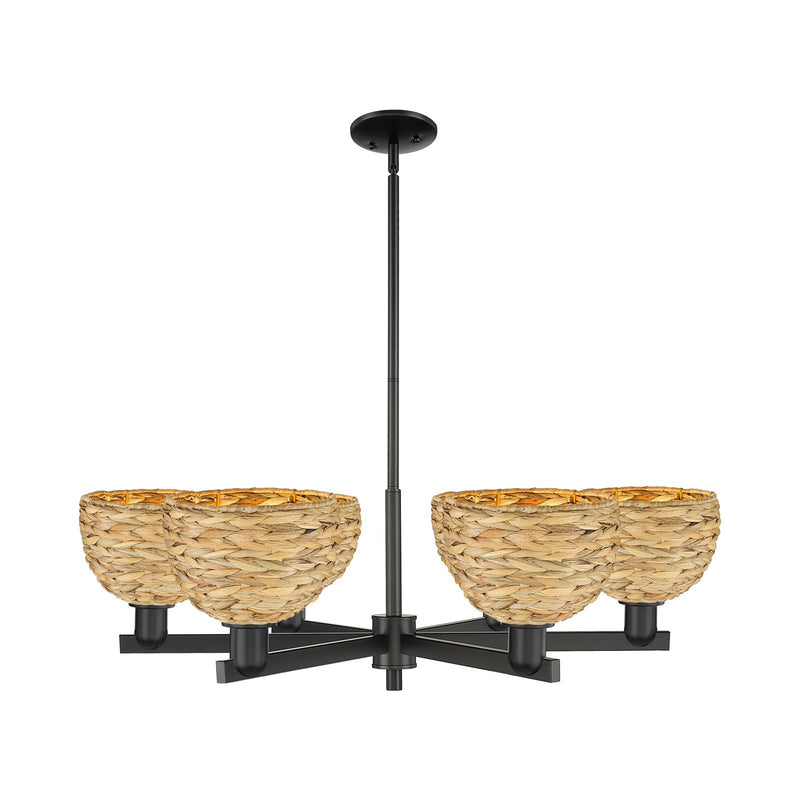 Innovations Woven Rattan 38in 6-Light Chandelier | Industrial Matte Black Steel and Natural Rattan Shade | Dining Room & | Model 716-6CR-BK-RBD-8-NAT