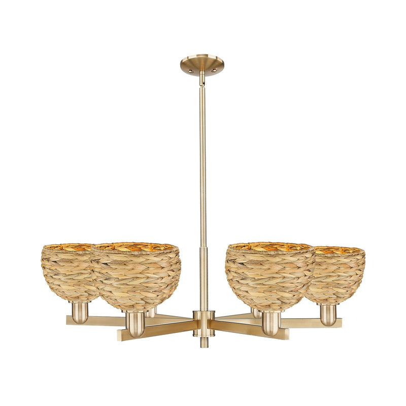 Innovations Woven Rattan 38in 6-Light Chandelier | Industrial Champagne Bronze Steel and Natural Fiber Dome Shade | Dining | Model 716-6CR-CB-RBD-8-NAT