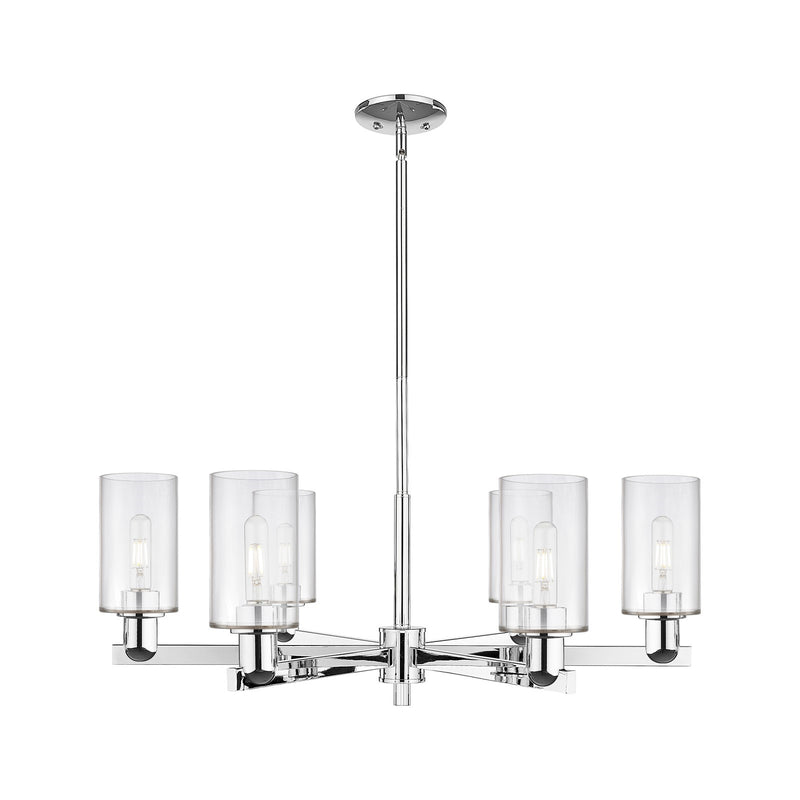 Innovations Clymer 34in 6-Light Chandelier | Industrial Polished Chrome and Clear Glass | Dining Room & Living Room | Model 716-6CR-PC-G802