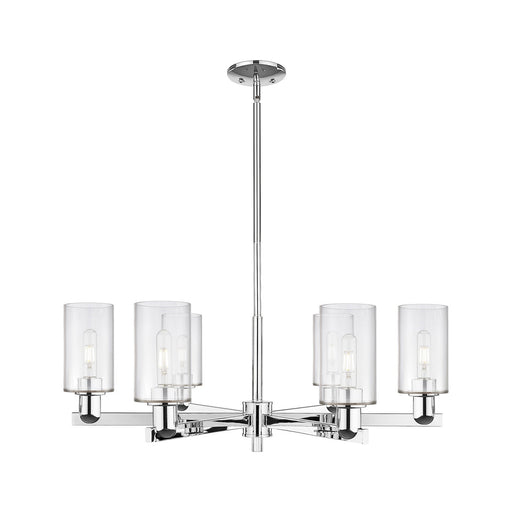 Innovations Clymer 34in 6-Light Chandelier | Industrial Polished Chrome and Clear Glass | Dining Room & Living Room | Model 716-6CR-PC-G802