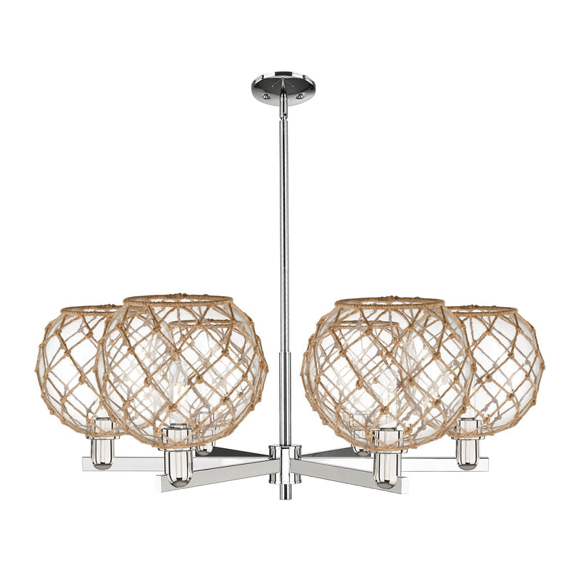 Innovations Farmhouse Rope 40in 6-Light Chandelier | Industrial Polished Nickel Steel and Clear Glass with Brown Rope | Model 716-6CR-PN-G122-10RB