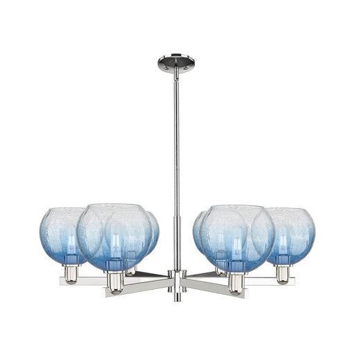 Innovations Brookhaven Globe 38in 6-Light Chandelier | Industrial Polished Nickel and Sapphire Blue Glass | Damp Rated Dining | Model 716-6CR-PN-G483-8SB