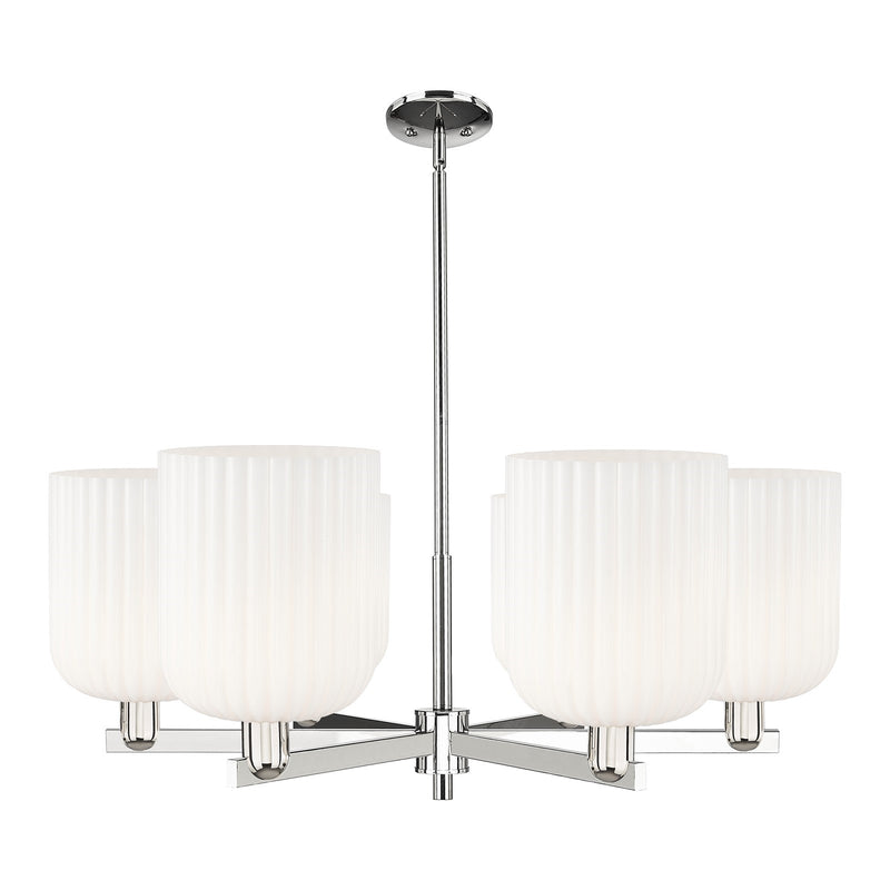 Innovations Bridal Veil 38in 6-Light Chandelier | Industrial Polished Nickel and Gloss White Ribbed Glass | Kitchen & Dining | Model 716-6CR-PN-G559-8GWH