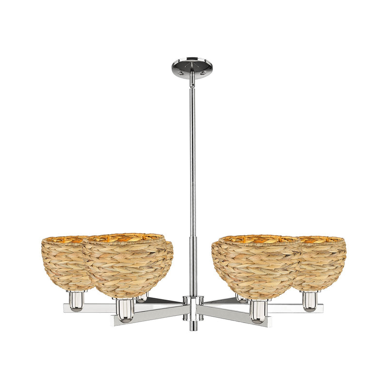 Innovations Arcadia 38in 6-Light Chandelier | Industrial Polished Nickel and Natural Rattan | Dining Room & Living Room | Model 716-6CR-PN-RBD-8-NAT