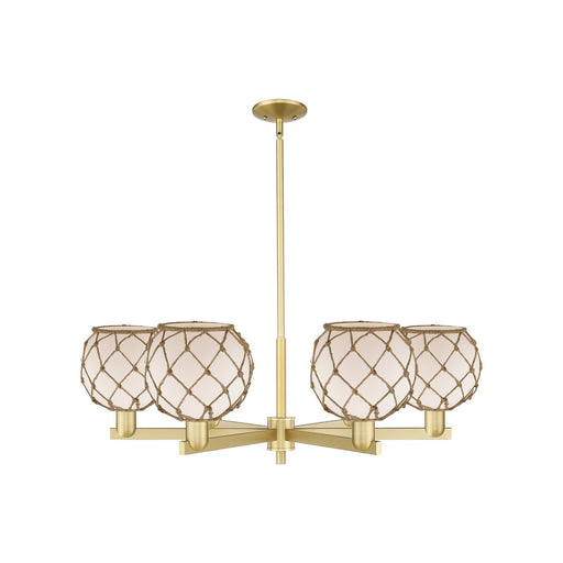 Innovations Farmhouse Rope 38in 6-Light Chandelier | Industrial Satin Gold Steel and White Glass with Brown Rope | Dining Room | Model 716-6CR-SG-G121-8RB
