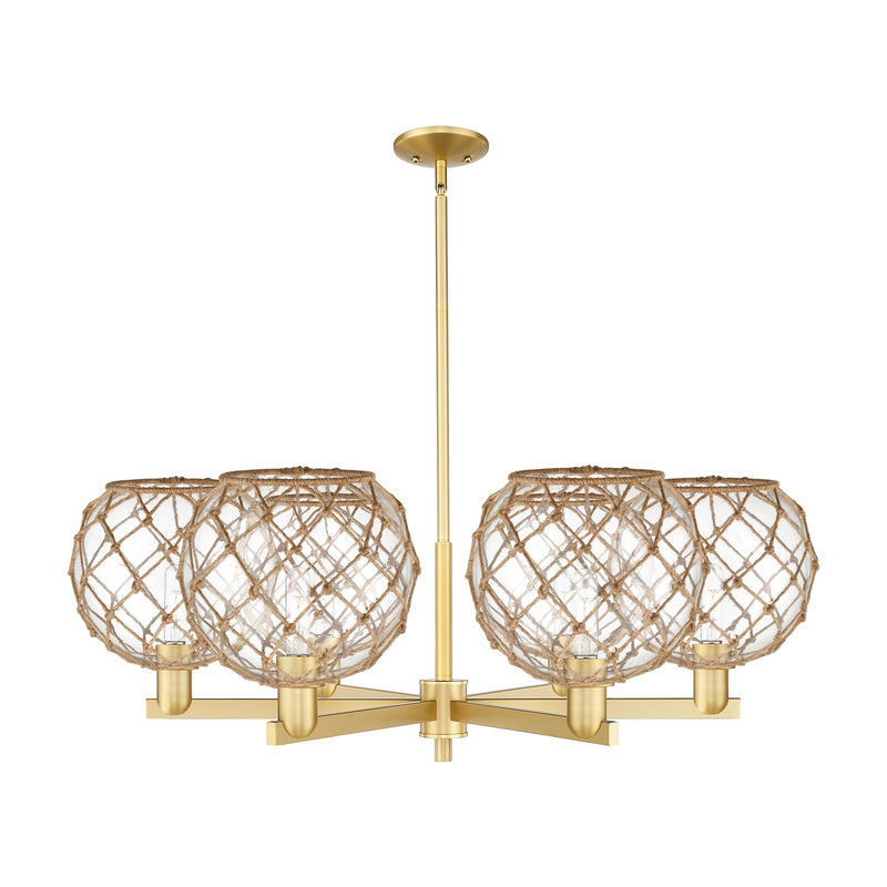 Innovations Farmhouse Rope 40in 6-Light Chandelier | Industrial Satin Gold Steel and Clear Glass with Brown Rope | Dining | Model 716-6CR-SG-G122-10RB