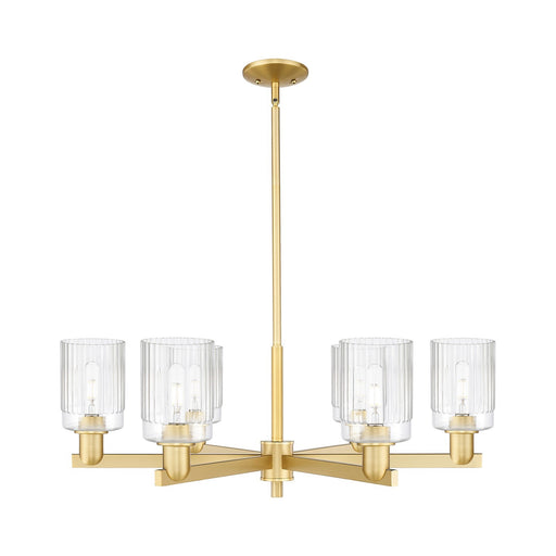 Innovations Hadley 34in 6-Light Chandelier | Industrial Satin Gold and Clear Ribbed Glass | Dining Room & Living Room | Model 716-6CR-SG-G342