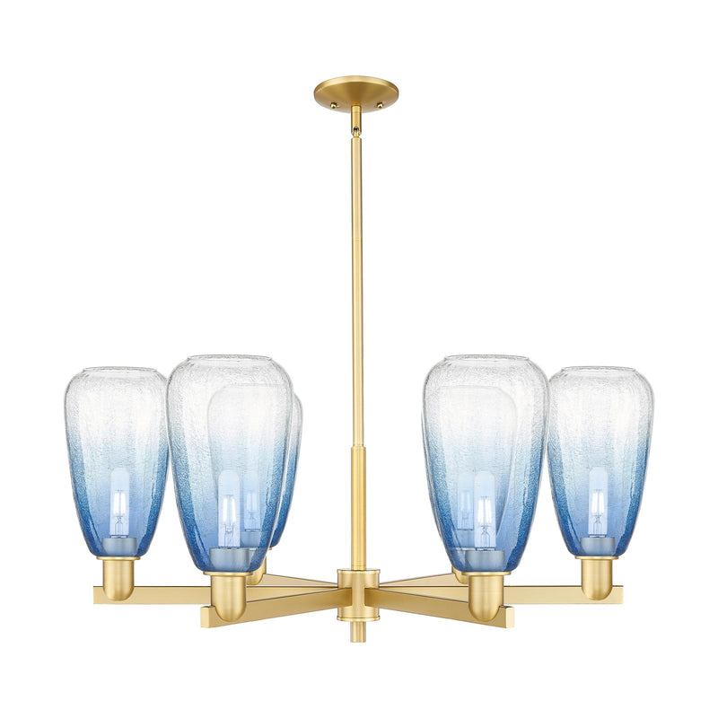 Innovations Brookhaven Almond 36in 6-Light Chandelier | Industrial Satin Gold Steel and Sapphire Blue Glass | Dining Room & | Model 716-6CR-SG-G480-6SB