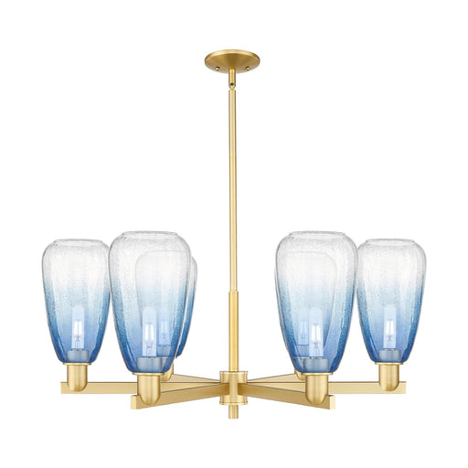 Innovations Brookhaven Almond 36in 6-Light Chandelier | Industrial Satin Gold Steel and Sapphire Blue Glass | Dining Room & | Model 716-6CR-SG-G480-6SB