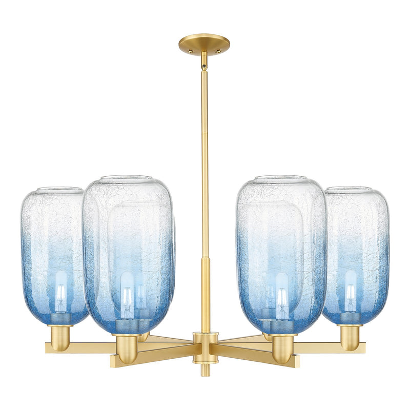 Innovations Brookhaven Cloche 36.75in 6-Light Chandelier | Industrial Satin Gold Steel and Sapphire Blue Glass | Dining Room & | Model 716-6CR-SG-G482-7SB