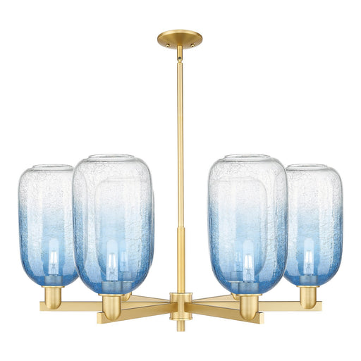 Innovations Brookhaven Cloche 36.75in 6-Light Chandelier | Industrial Satin Gold Steel and Sapphire Blue Glass | Dining Room & | Model 716-6CR-SG-G482-7SB