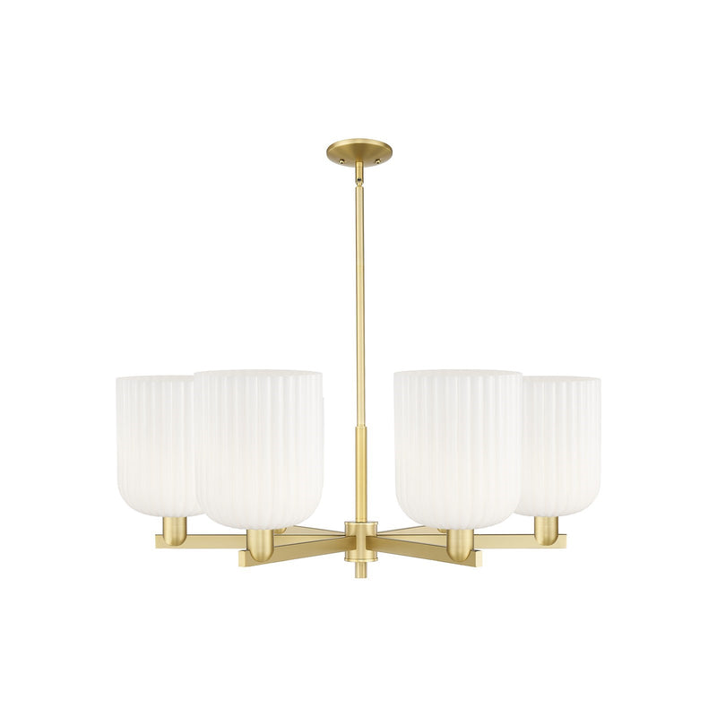 Innovations Bridal Veil 38in 6-Light Chandelier | Industrial Satin Gold Steel and Gloss White Ribbed Glass | Damp-Rated | Model 716-6CR-SG-G559-8GWH