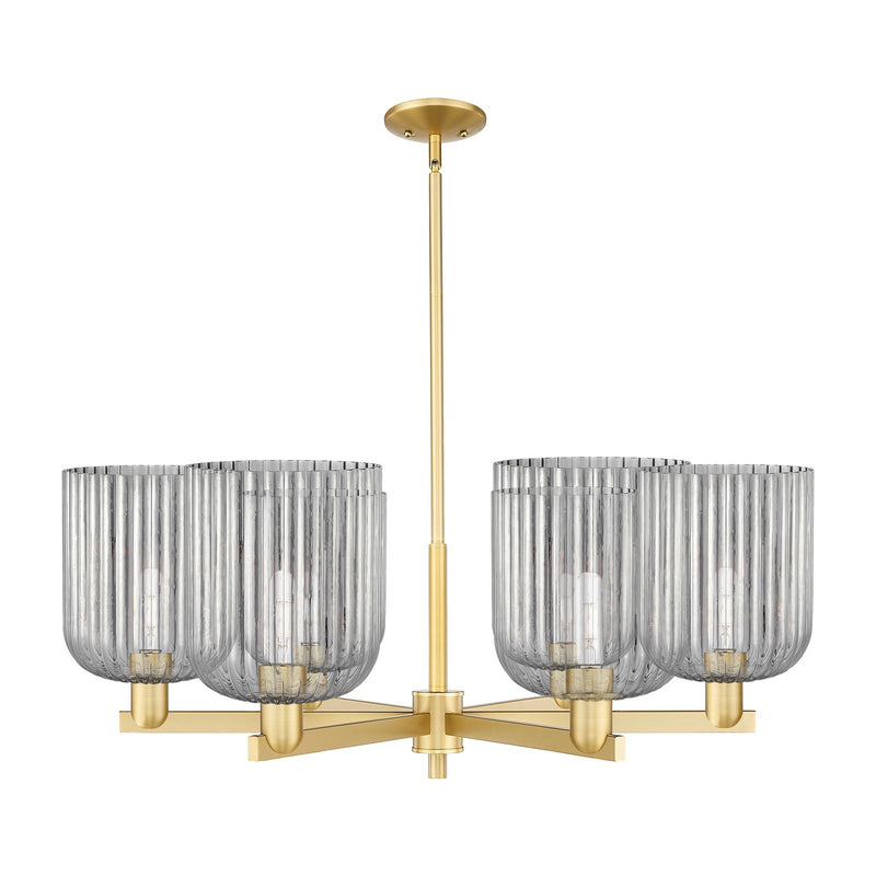 Innovations Bridal Veil 38in 6-Light Chandelier | Industrial Satin Gold Steel and Cast Brass with Light Smoke Ribbed Glass | Model 716-6CR-SG-G559-8SM