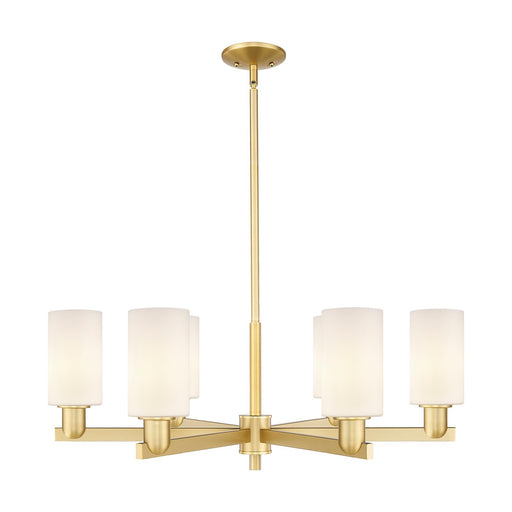 Innovations Clymer 34in 6-Light Chandelier | Industrial Satin Gold Steel and Matte White Glass | Dining Room & Living Room | Model 716-6CR-SG-G801