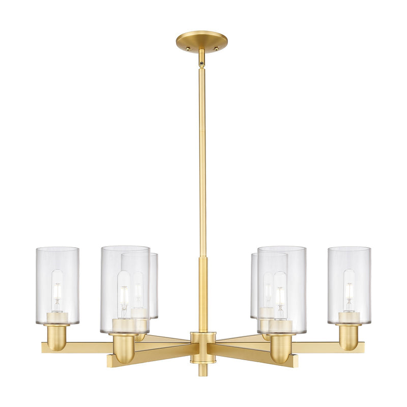 Innovations Clymer 34in 6-Light Chandelier | Industrial Satin Gold Steel and Clear Glass | Dining Room & Living Room | Model 716-6CR-SG-G802