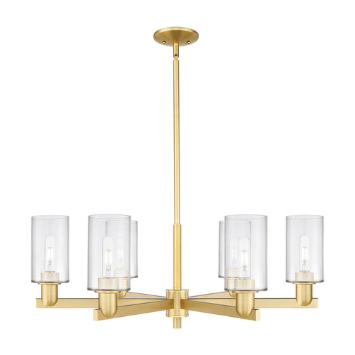 Innovations Clymer 34in 6-Light Chandelier | Industrial Satin Gold Steel and Clear Glass | Dining Room & Living Room | Model 716-6CR-SG-G802