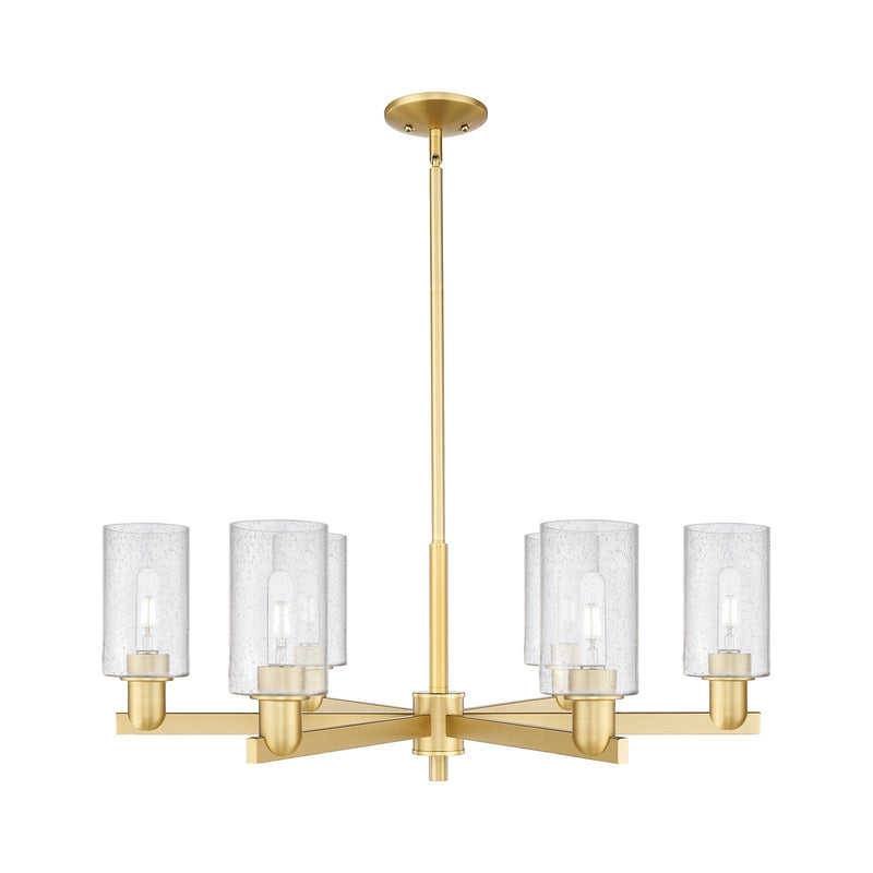 Innovations Clymer 34in 6-Light Chandelier | Industrial Satin Gold Steel and Seedy Glass | Dining Room & Living Room | Model 716-6CR-SG-G804
