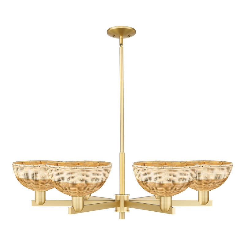 Innovations Lighting Bristol Natural II 39in 6-Light Chandelier | Industrial Satin Gold Steel and Natural Fiber Dome Shade | Model 716-6CR-SG-NBD2-9-NAT
