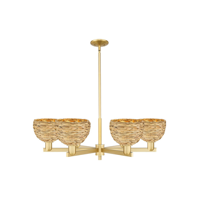 Innovations Woven Rattan 38in 6-Light Chandelier | Industrial Satin Gold Steel and Natural Fiber Dome Shade | Dining Room & | Model 716-6CR-SG-RBD-8-NAT