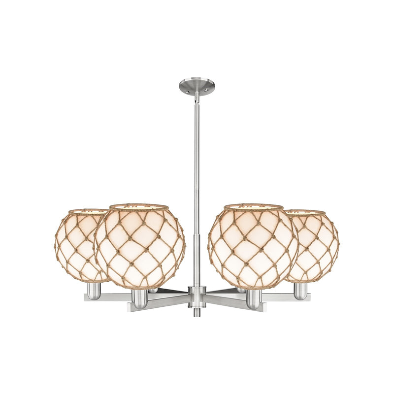 Innovations Farmhouse Rope 40in 6-Light Chandelier | Industrial Satin Nickel and Matte White Glass with Brown Rope Shade | Model 716-6CR-SN-G121-10RB