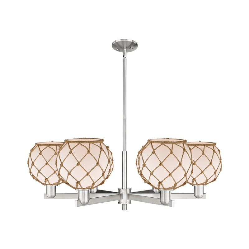 Innovations Farmhouse Rope 38in 6-Light Chandelier | Industrial Satin Nickel Steel and White Frosted Glass with Brown Rope | Model 716-6CR-SN-G121-8RB