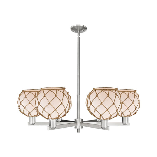 Innovations Farmhouse Rope 38in 6-Light Chandelier | Industrial Satin Nickel Steel and White Frosted Glass with Brown Rope | Model 716-6CR-SN-G121-8RB