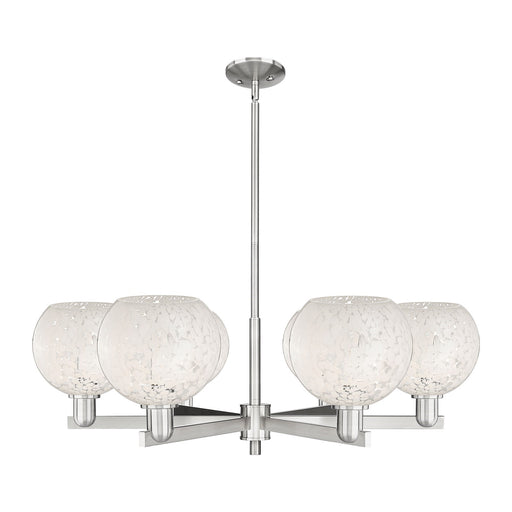 Innovations Lighting White Mouchette 38in 6-Light Chandelier | Industrial Satin Nickel Steel and White Glass | Kitchen Island | Model 716-6CR-SN-G1216-8WM