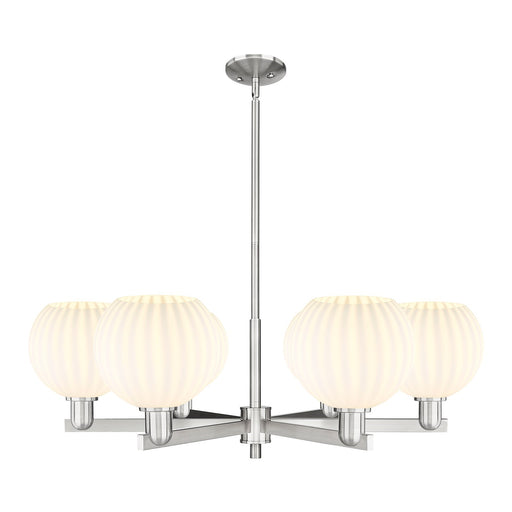 Innovations Lighting White Venetian 6-Light 38in Chandelier | Industrial Satin Nickel and White Venetian Glass | Living Room | Model 716-6CR-SN-G1217-8WV