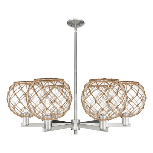 Innovations Farmhouse Rope 40in 6-Light Chandelier | Industrial Satin Nickel Steel and Clear Glass with Brown Rope | Dining | Model 716-6CR-SN-G122-10RB